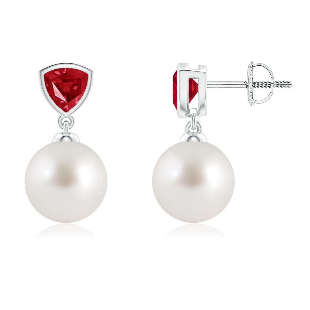 9mm AAA South Sea Pearl & Trillion Ruby Drop Earrings in White Gold