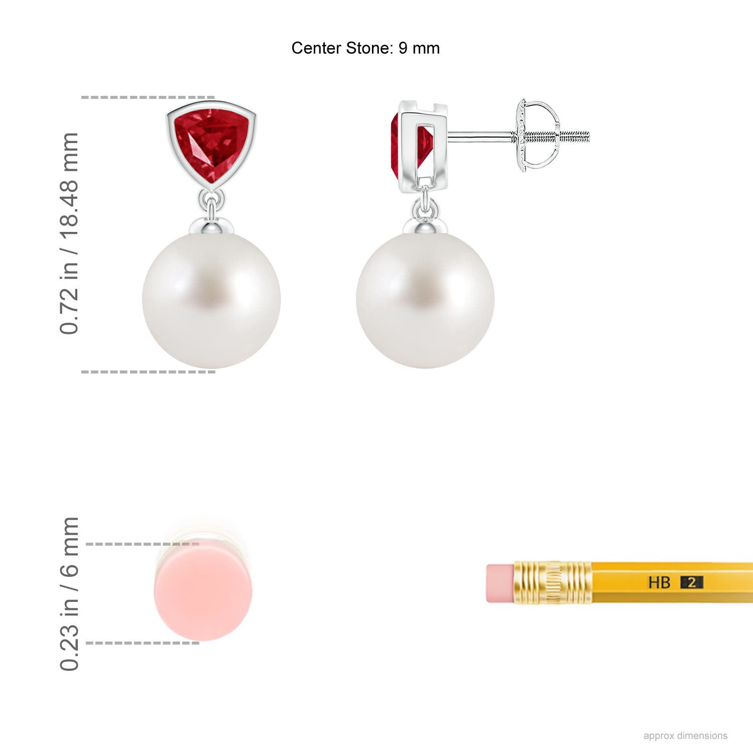 9mm AAA South Sea Pearl & Trillion Ruby Drop Earrings in White Gold - ruler