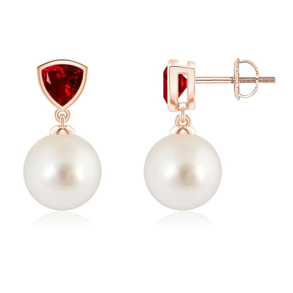 9mm AAAA South Sea Pearl & Trillion Ruby Drop Earrings in Rose Gold 