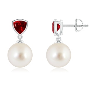 9mm AAAA South Sea Pearl & Trillion Ruby Drop Earrings in White Gold