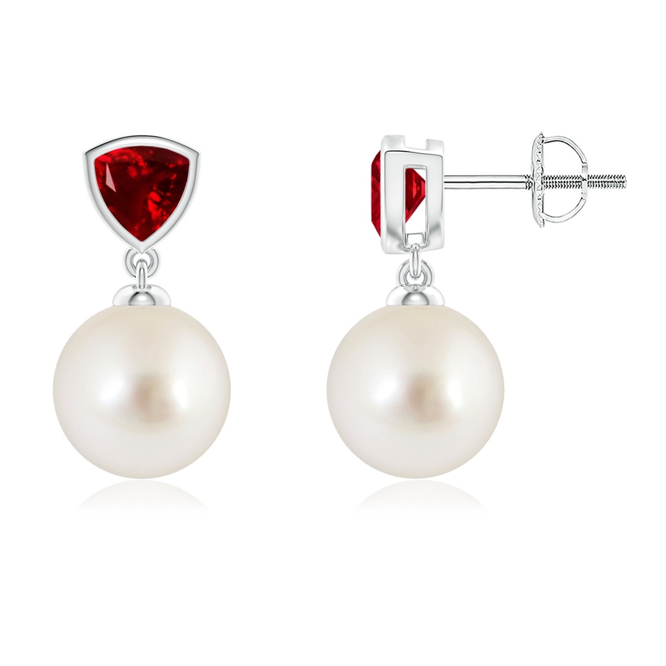9mm AAAA South Sea Pearl & Trillion Ruby Drop Earrings in White Gold 