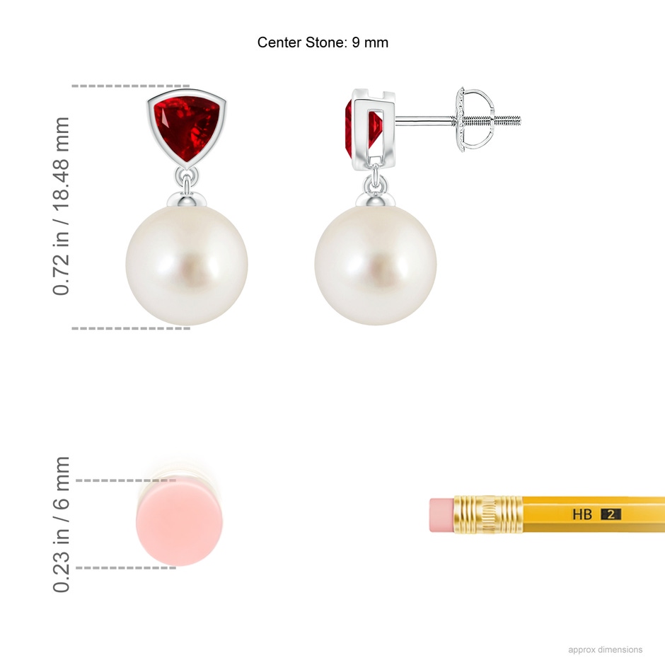 9mm AAAA South Sea Pearl & Trillion Ruby Drop Earrings in White Gold ruler