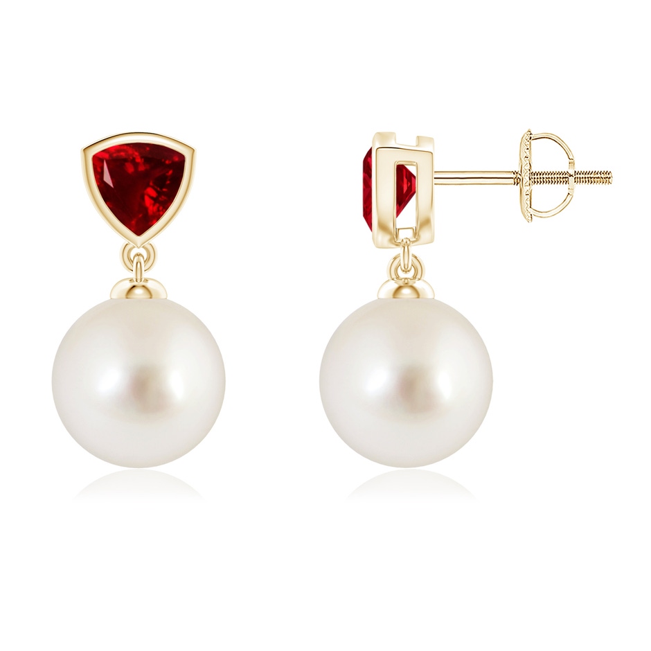 9mm AAAA South Sea Pearl & Trillion Ruby Drop Earrings in Yellow Gold 