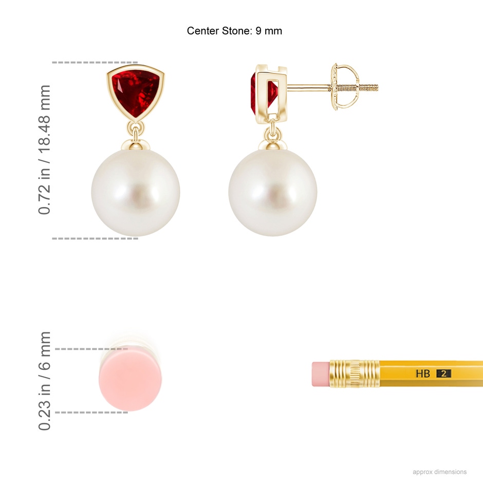 9mm AAAA South Sea Pearl & Trillion Ruby Drop Earrings in Yellow Gold ruler