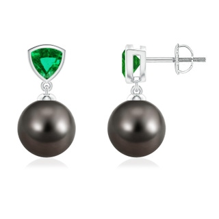 9mm AAA Tahitian Pearl & Trillion Emerald Drop Earrings in White Gold