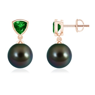 9mm AAAA Tahitian Pearl & Trillion Emerald Drop Earrings in Rose Gold
