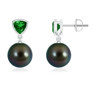 9mm AAAA Tahitian Pearl & Trillion Emerald Drop Earrings in White Gold