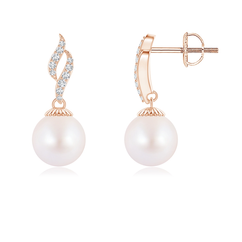 7mm AA Japanese Akoya Pearl and Diamond Flame Earrings in Rose Gold 