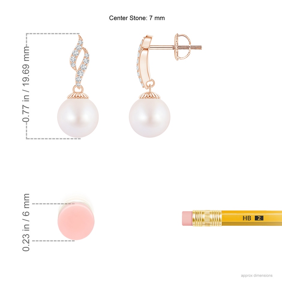 7mm AA Japanese Akoya Pearl and Diamond Flame Earrings in Rose Gold ruler