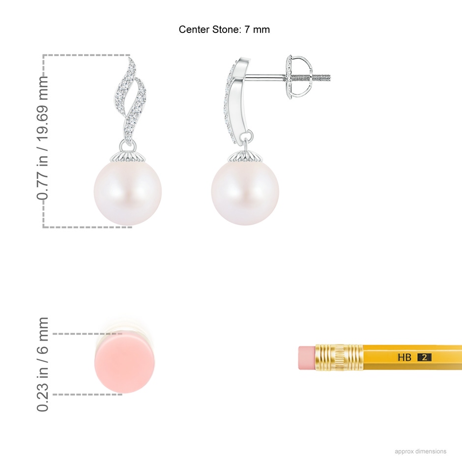 7mm AA Japanese Akoya Pearl and Diamond Flame Earrings in White Gold ruler