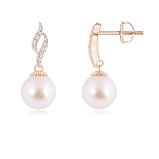 7mm AAA Japanese Akoya Pearl and Diamond Flame Earrings in Rose Gold