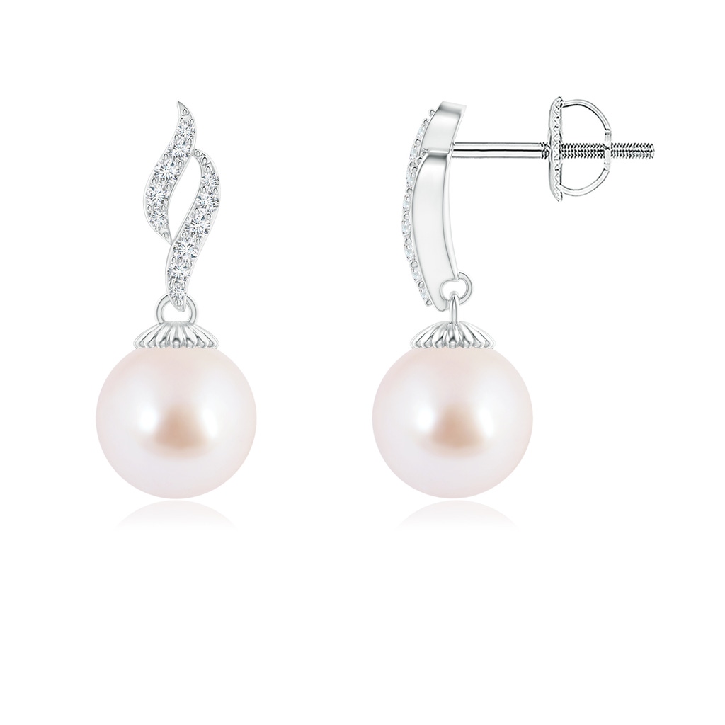 7mm AAA Japanese Akoya Pearl and Diamond Flame Earrings in White Gold