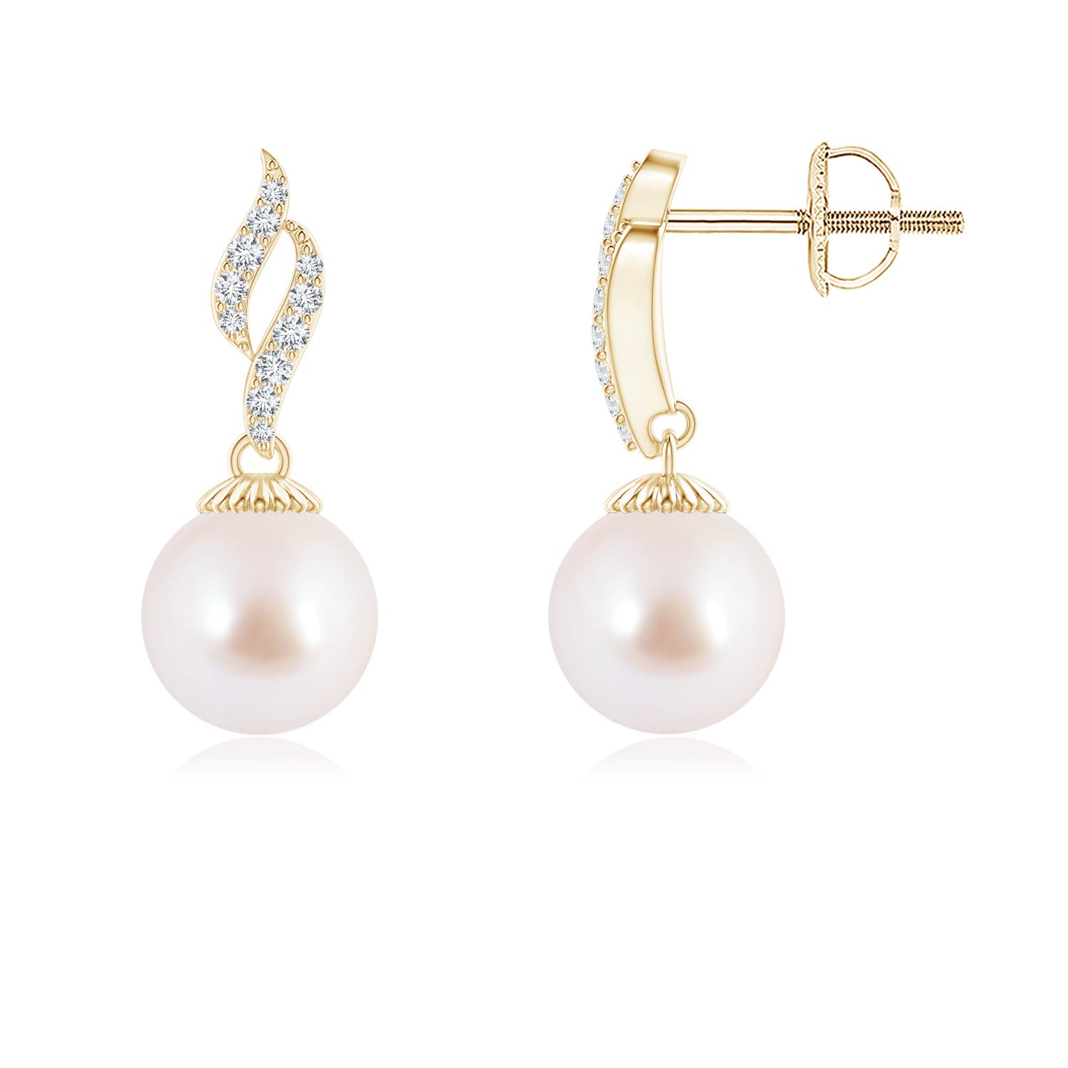 7mm AAA Japanese Akoya Pearl and Diamond Flame Earrings in Yellow Gold