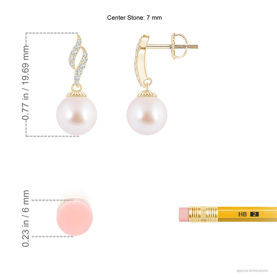 7mm AAA Japanese Akoya Pearl and Diamond Flame Earrings in Yellow Gold ruler