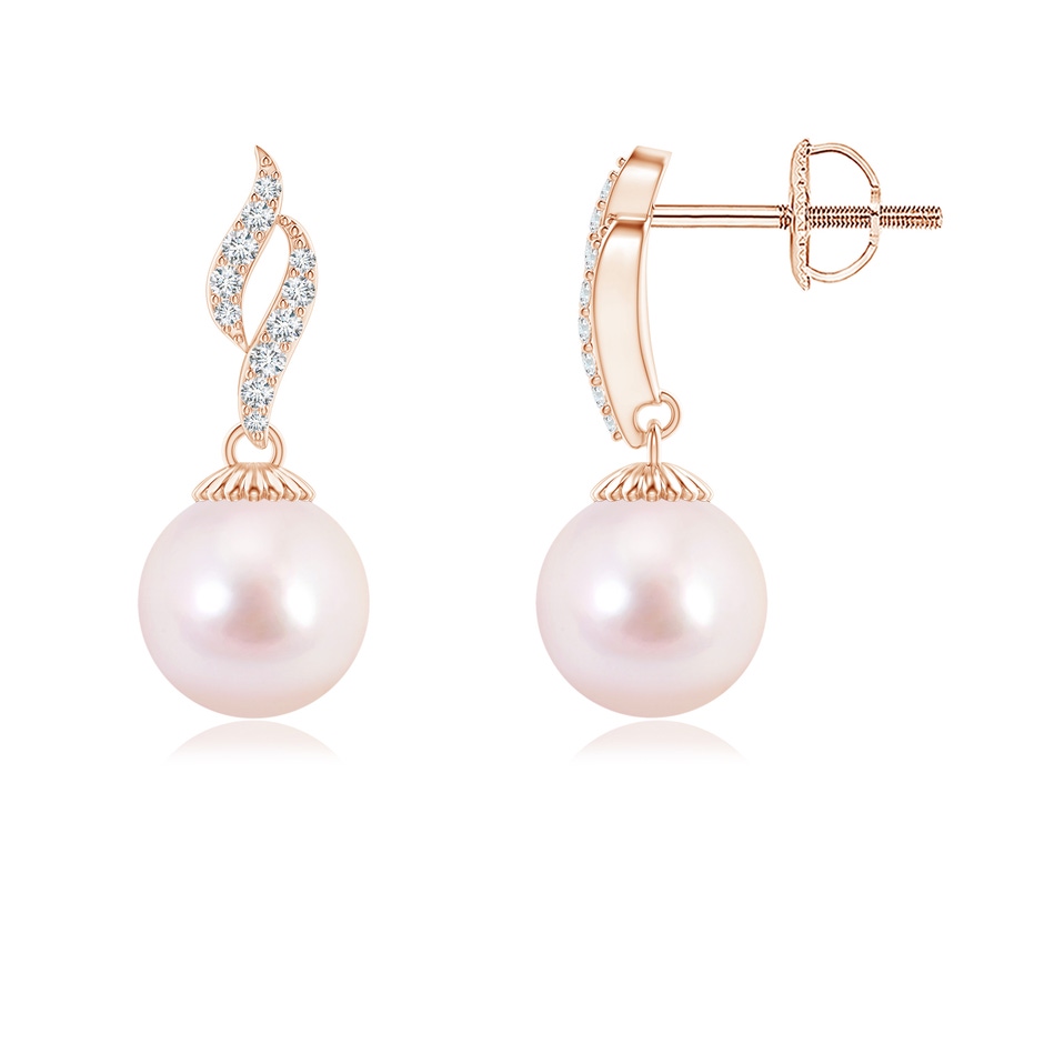 7mm AAAA Japanese Akoya Pearl and Diamond Flame Earrings in Rose Gold 