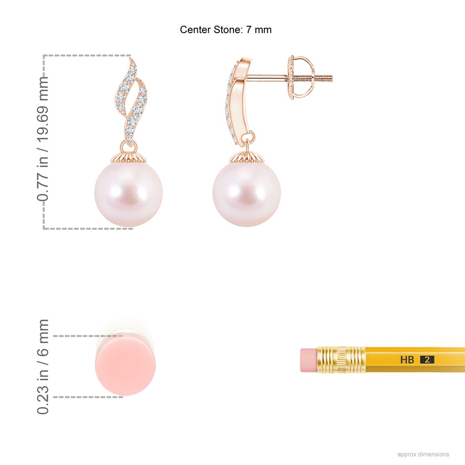 7mm AAAA Japanese Akoya Pearl and Diamond Flame Earrings in Rose Gold ruler