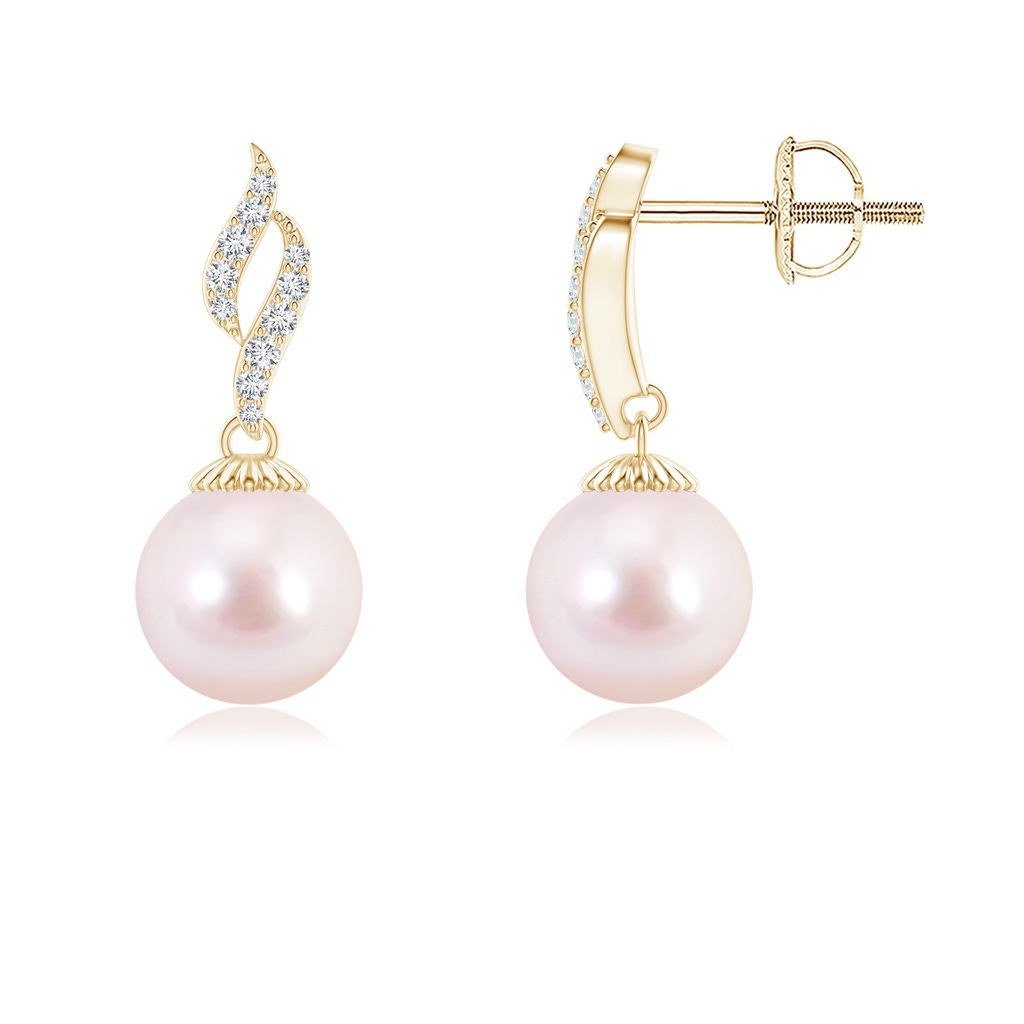 7mm AAAA Japanese Akoya Pearl and Diamond Flame Earrings in Yellow Gold