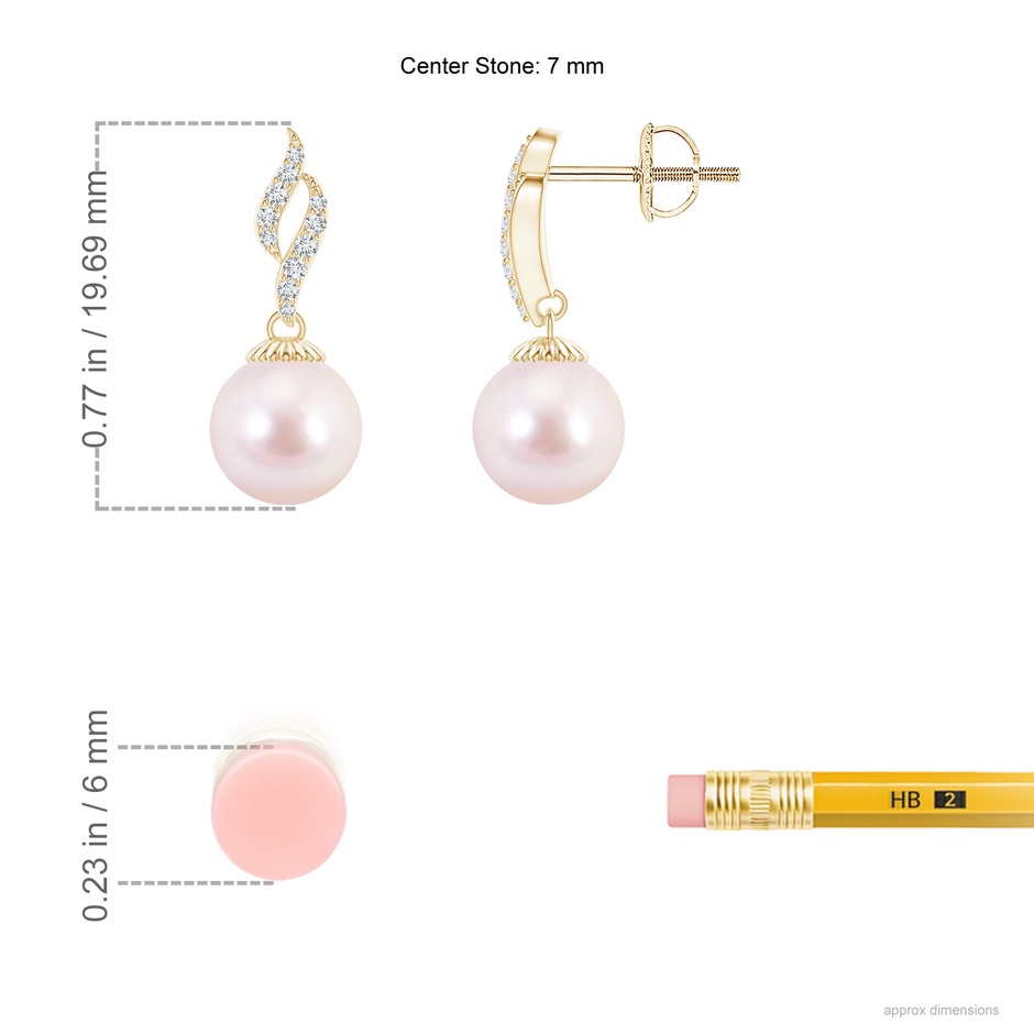 7mm AAAA Japanese Akoya Pearl and Diamond Flame Earrings in Yellow Gold ruler