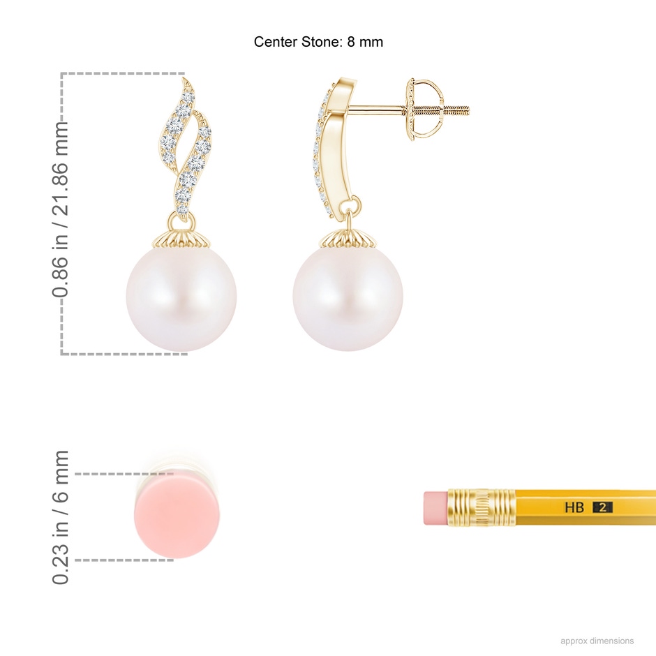 8mm AA Japanese Akoya Pearl and Diamond Flame Earrings in Yellow Gold ruler