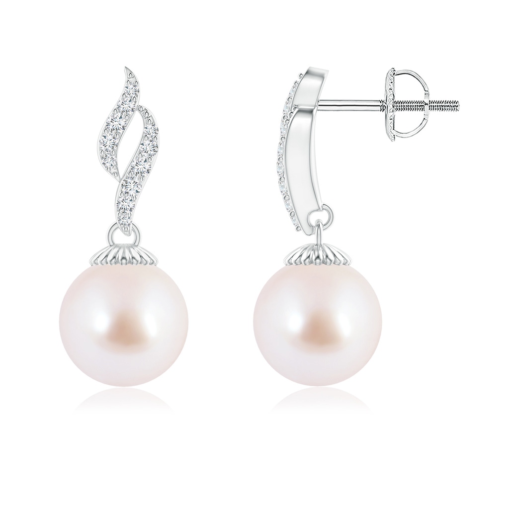 8mm AAA Japanese Akoya Pearl and Diamond Flame Earrings in White Gold