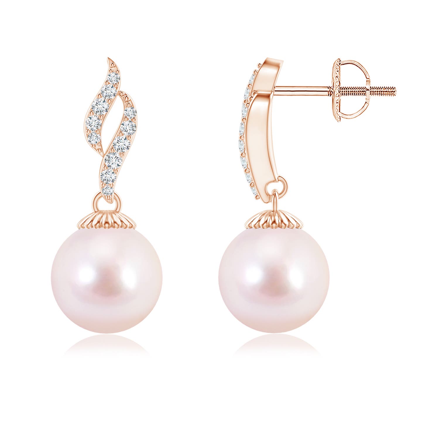 8mm AAAA Japanese Akoya Pearl and Diamond Flame Earrings in Rose Gold