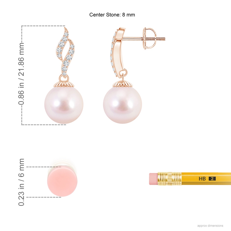 8mm AAAA Japanese Akoya Pearl and Diamond Flame Earrings in Rose Gold ruler