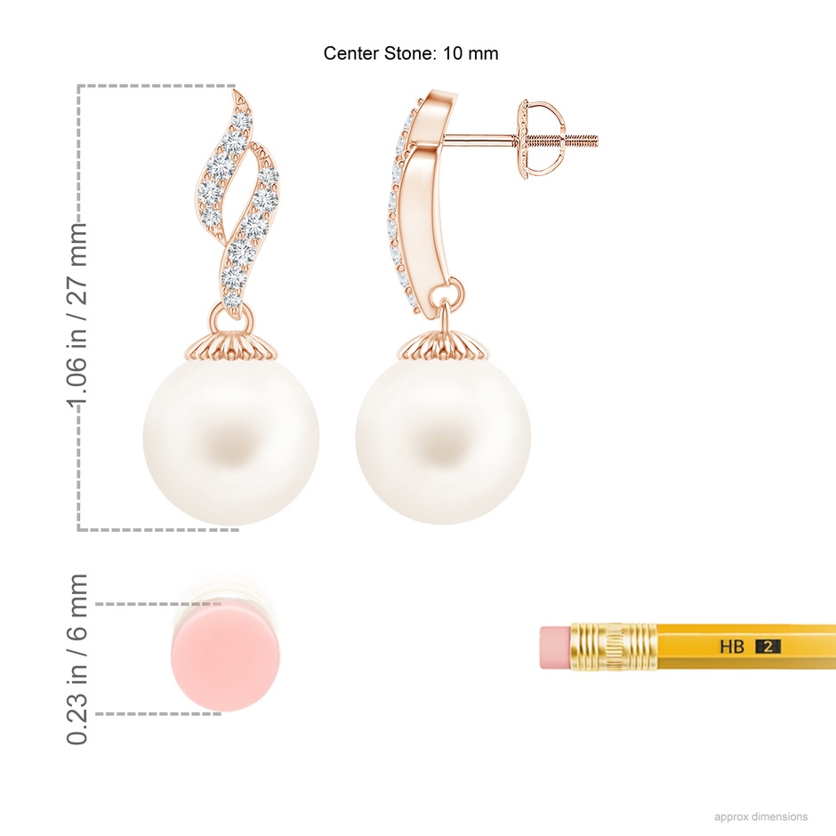 10mm AA Freshwater Pearl and Diamond Flame Earrings in Rose Gold ruler