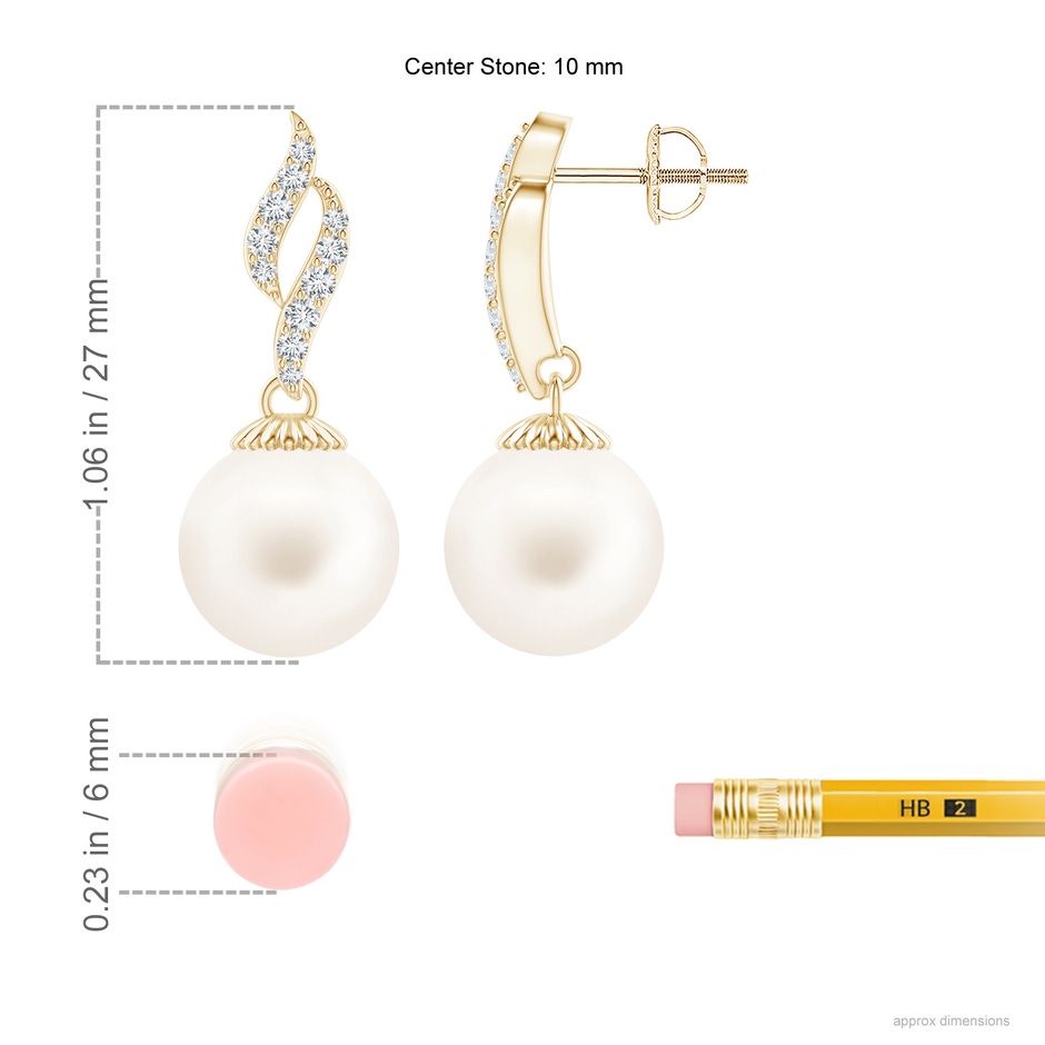 10mm AA Freshwater Pearl and Diamond Flame Earrings in Yellow Gold ruler