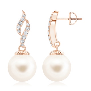 10mm AAA Freshwater Pearl and Diamond Flame Earrings in Rose Gold