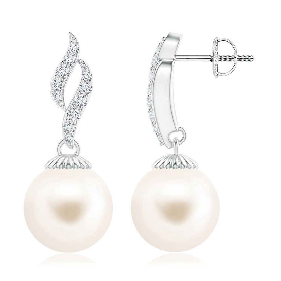 10mm AAA Freshwater Pearl and Diamond Flame Earrings in White Gold 
