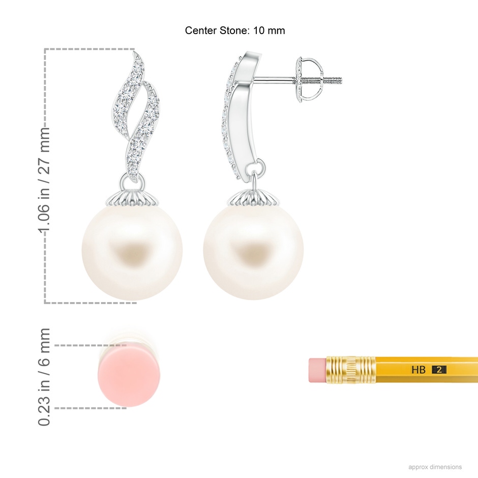 10mm AAA Freshwater Pearl and Diamond Flame Earrings in White Gold ruler