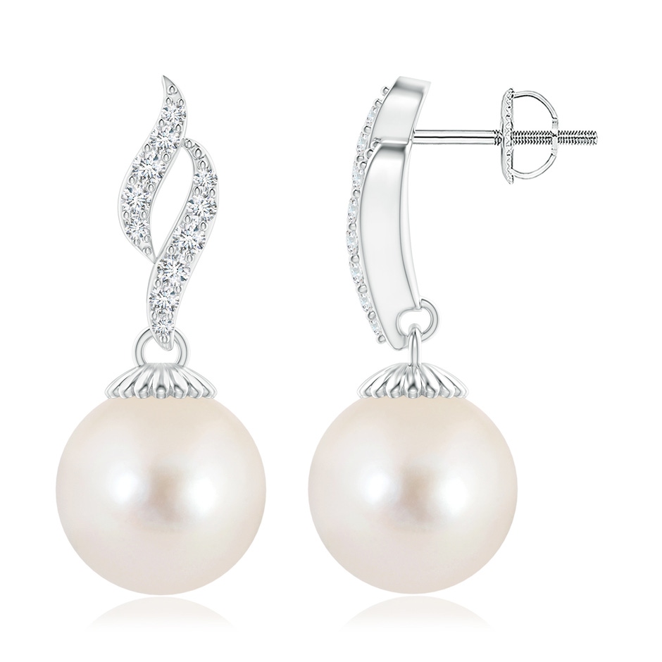 10mm AAAA Freshwater Pearl and Diamond Flame Earrings in White Gold 