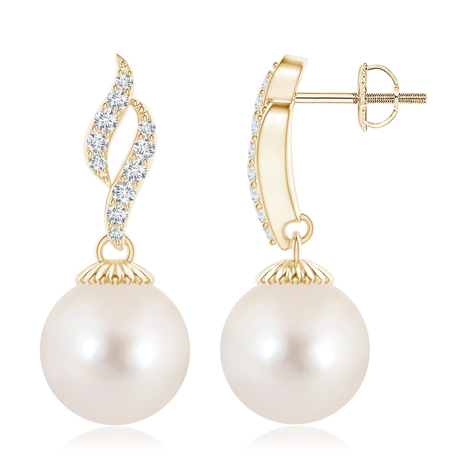 10mm AAAA Freshwater Pearl and Diamond Flame Earrings in Yellow Gold 