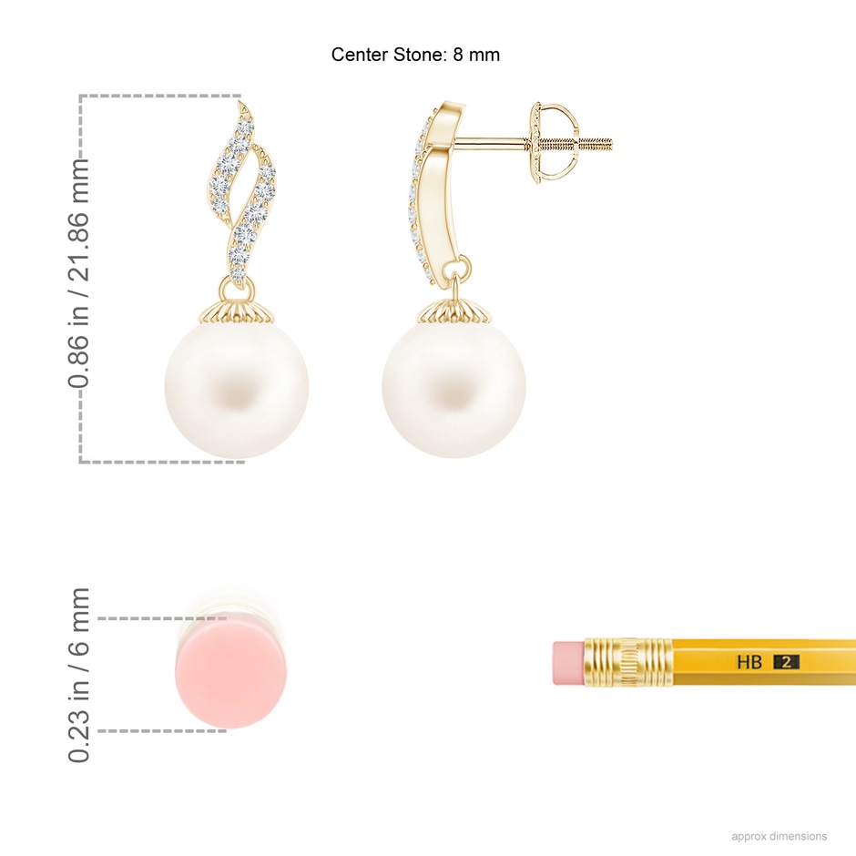 8mm AA Freshwater Pearl and Diamond Flame Earrings in Yellow Gold ruler