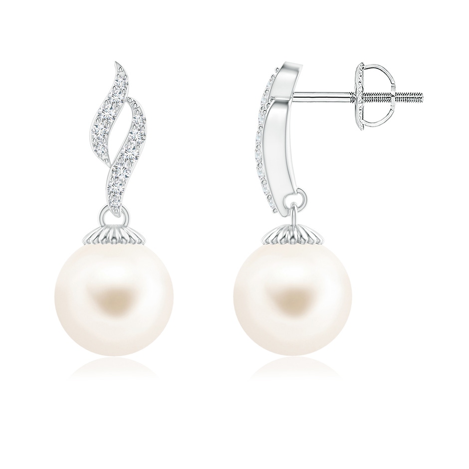 8mm AAA Freshwater Pearl and Diamond Flame Earrings in White Gold 