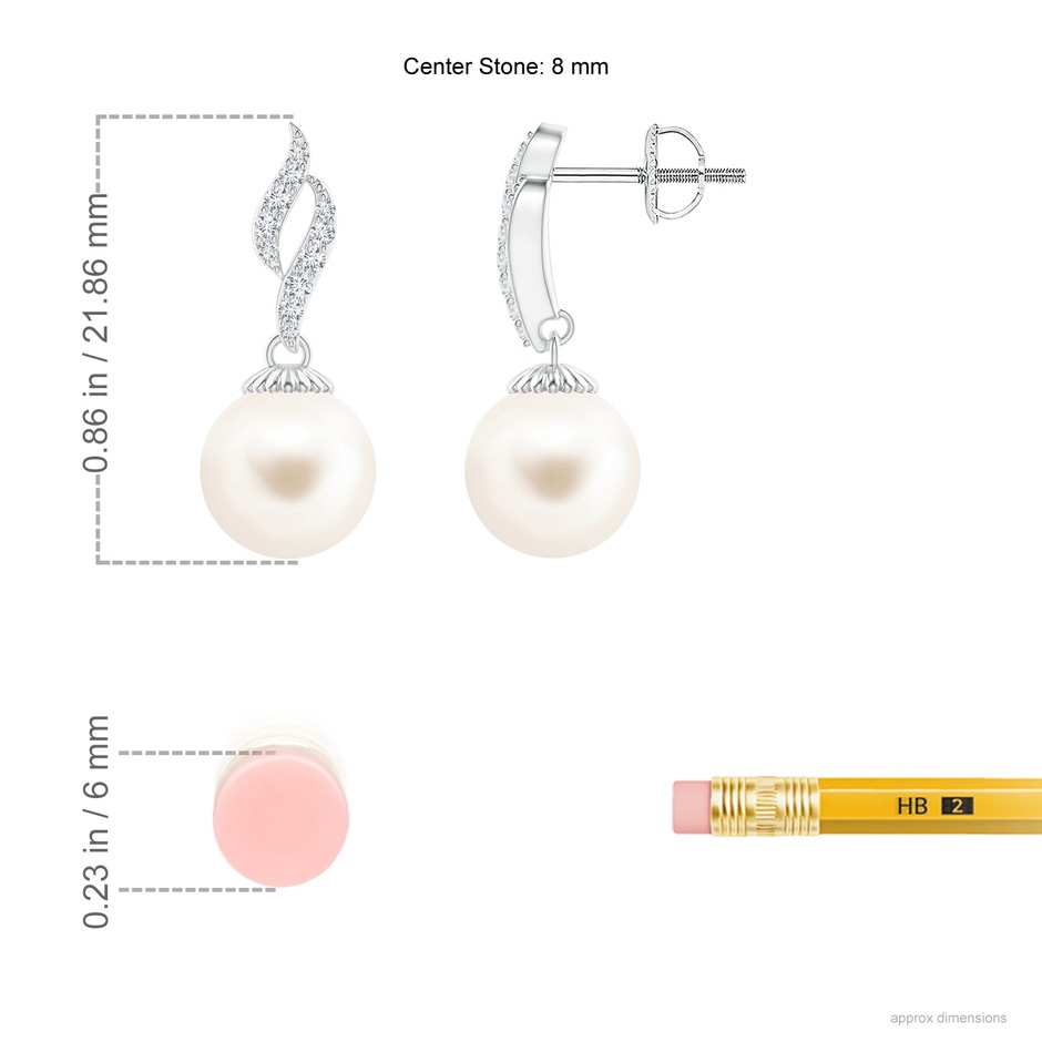 8mm AAA Freshwater Pearl and Diamond Flame Earrings in White Gold ruler
