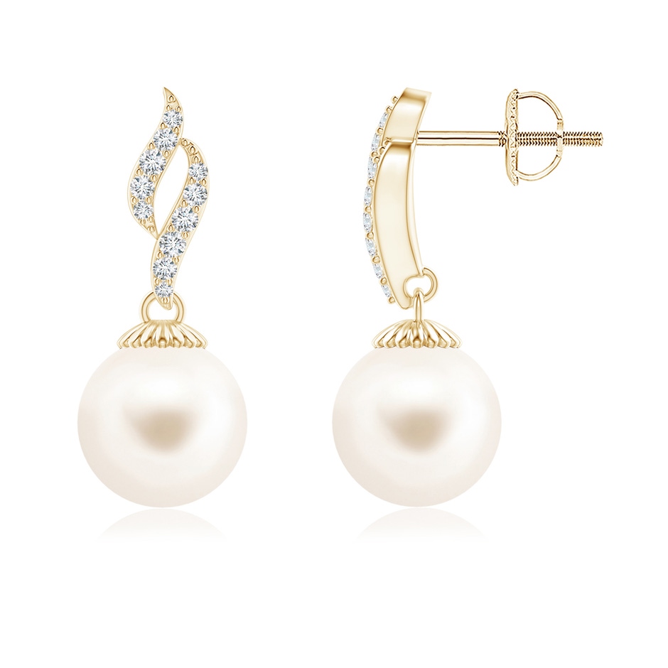 8mm AAA Freshwater Pearl and Diamond Flame Earrings in Yellow Gold 