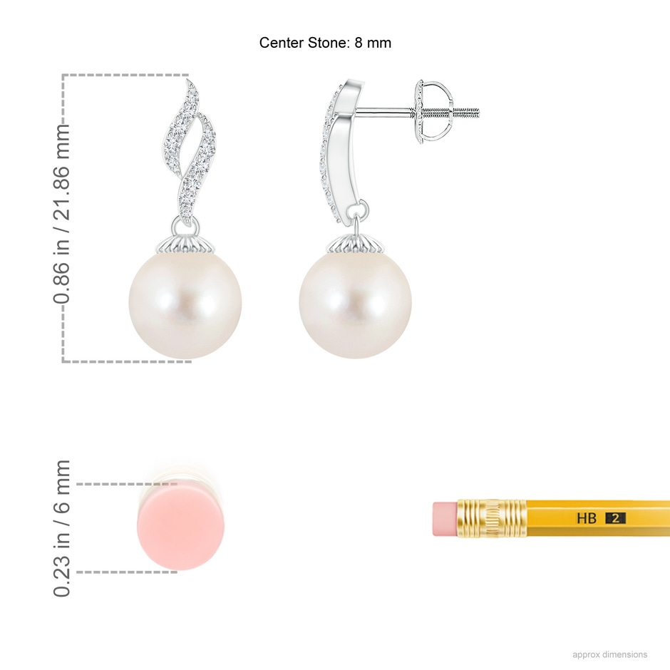8mm AAAA Freshwater Pearl and Diamond Flame Earrings in White Gold ruler