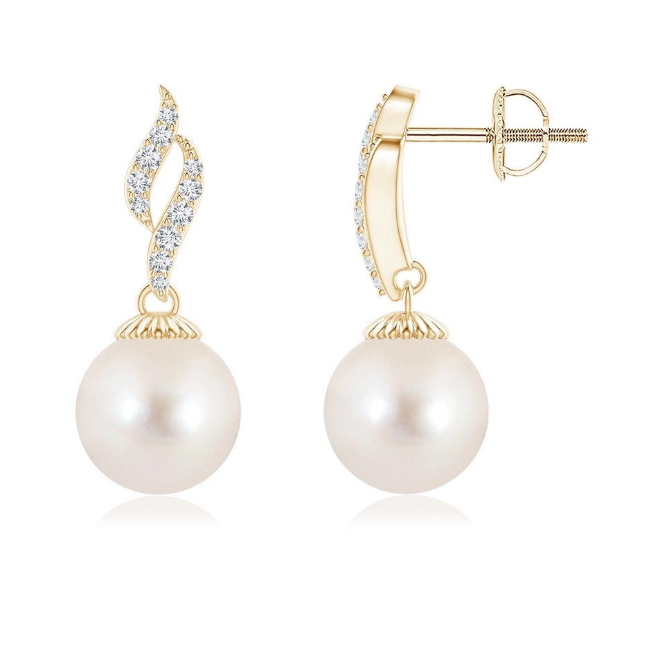 8mm AAAA Freshwater Pearl and Diamond Flame Earrings in Yellow Gold 