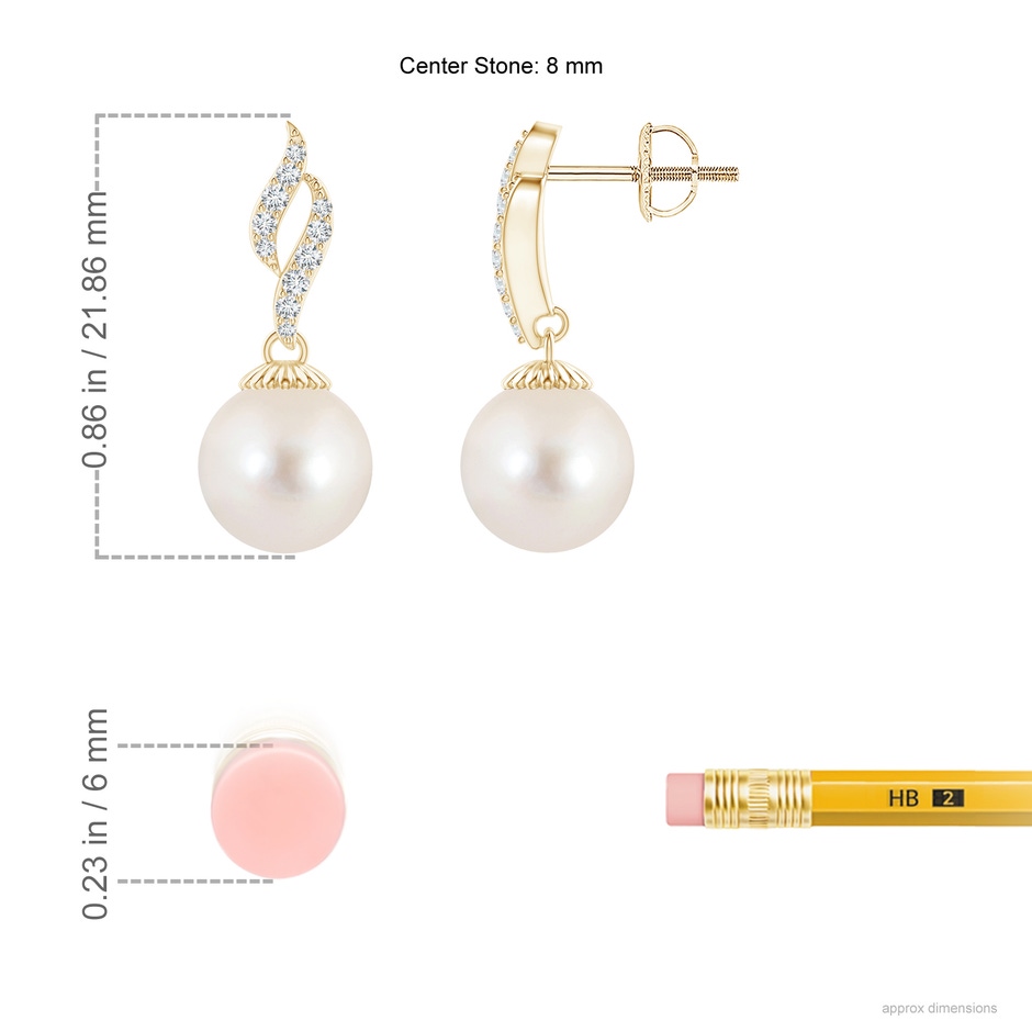 8mm AAAA Freshwater Pearl and Diamond Flame Earrings in Yellow Gold ruler