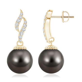 10mm AAA Tahitian Pearl and Diamond Flame Earrings in Yellow Gold