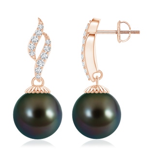 10mm AAAA Tahitian Pearl and Diamond Flame Earrings in Rose Gold