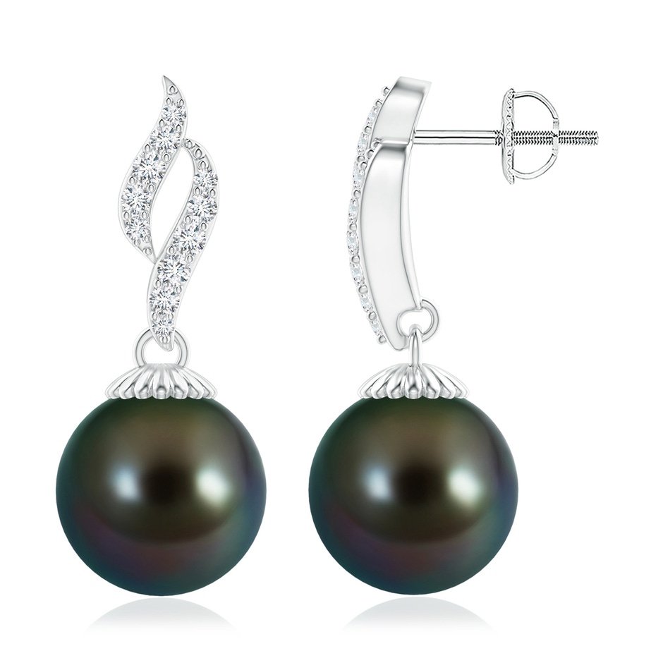 10mm AAAA Tahitian Pearl and Diamond Flame Earrings in White Gold 