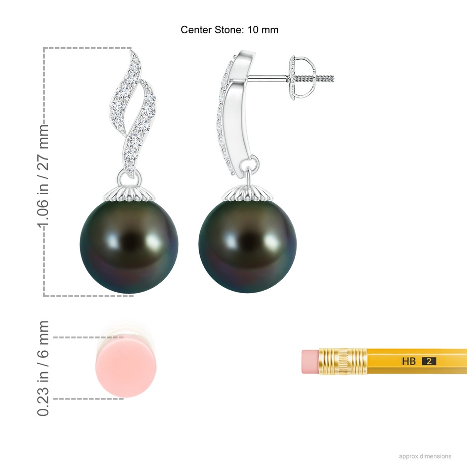 10mm AAAA Tahitian Pearl and Diamond Flame Earrings in White Gold ruler