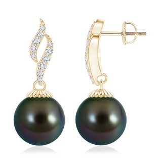 10mm AAAA Tahitian Pearl and Diamond Flame Earrings in Yellow Gold