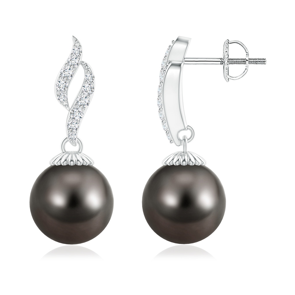 9mm AAA Tahitian Pearl and Diamond Flame Earrings in White Gold