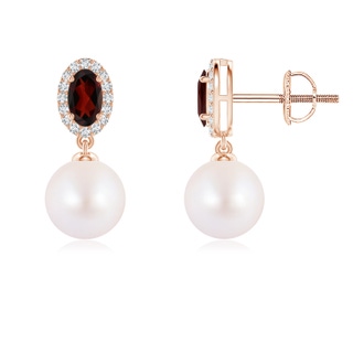 7mm AA Japanese Akoya Pearl Halo Earrings with Oval Garnet in Rose Gold