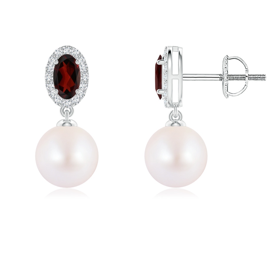 7mm AA Japanese Akoya Pearl Halo Earrings with Oval Garnet in White Gold 