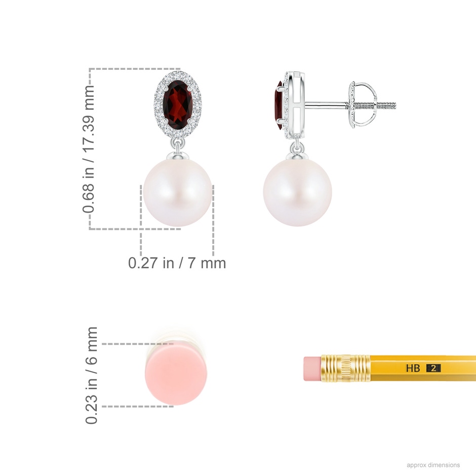 7mm AA Japanese Akoya Pearl Halo Earrings with Oval Garnet in White Gold ruler