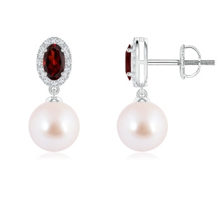 7mm AAA Japanese Akoya Pearl Halo Earrings with Oval Garnet in White Gold